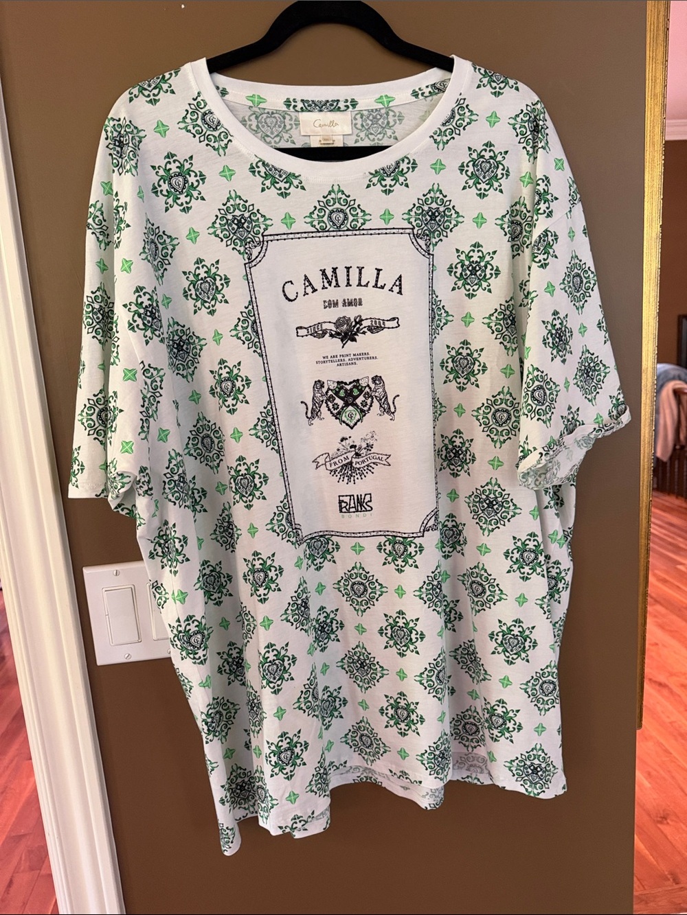 Camilla White Tee with Green Medallion Print